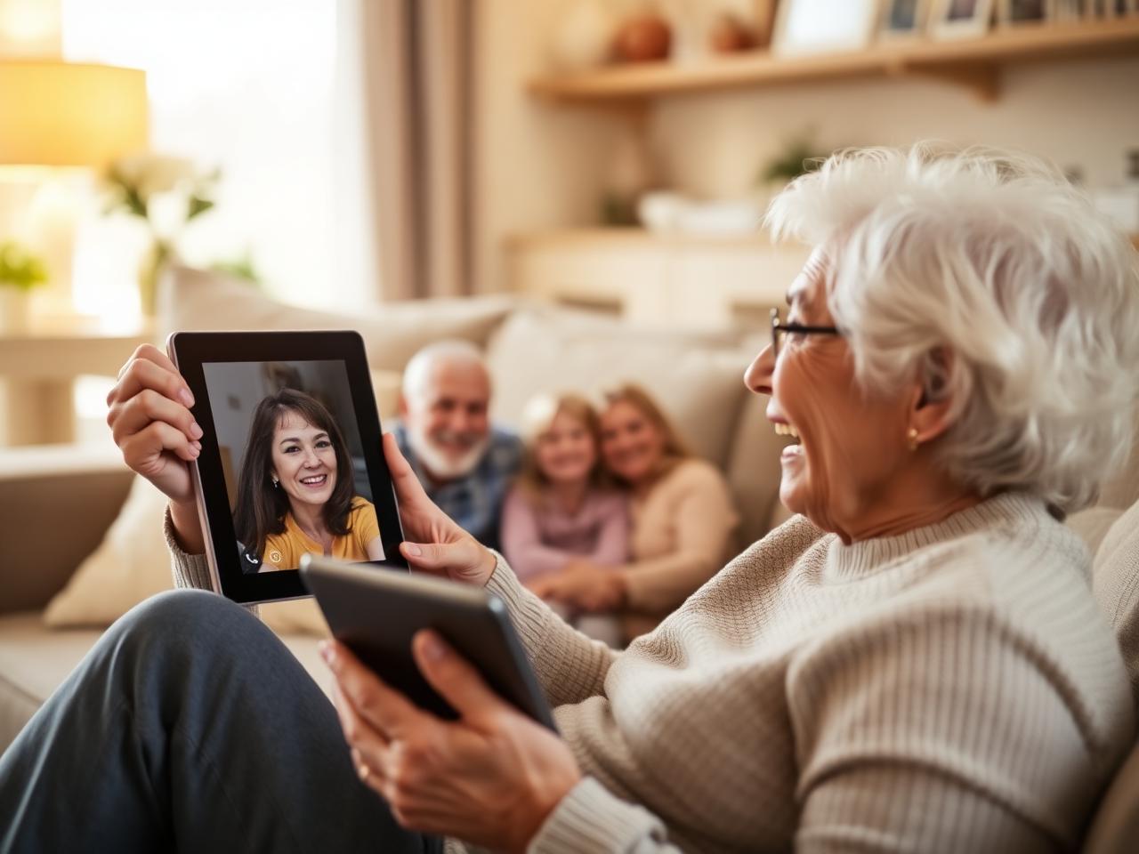 Senior video calling with family members
